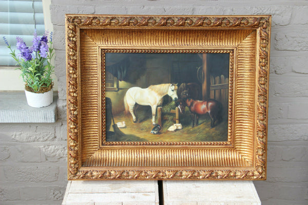 Vintage flemish oil panel painting horses duck farm scene equestrian