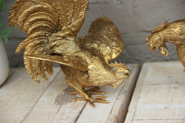 PAIR French metal gold gilt Fighting rooster figurines statues 1960