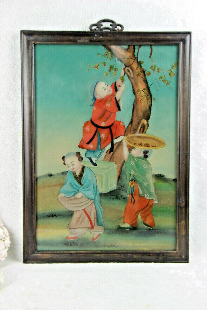 Chinese EGLOMISE Reverse glass painting children fruit picking rare