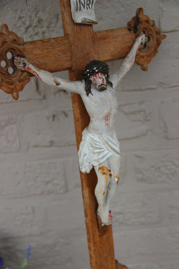 LARGE antique neo gothic wood carved crucifix chalkware christ religious