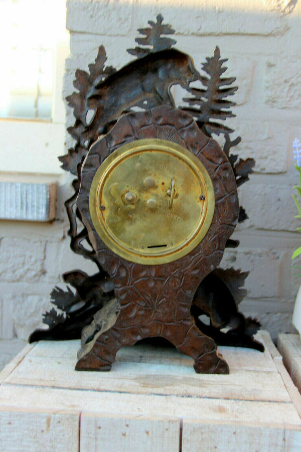 Antique Black forest Cast iron bear hunting sheep animal theme mantel clock