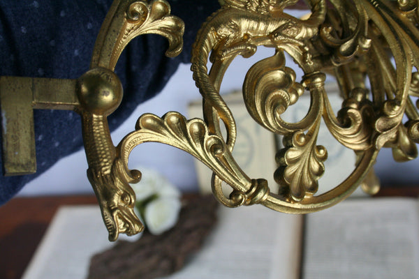 19th c French GOTHIC DRAGONS Chimaera XL Church candle holders sconce 3 arms
