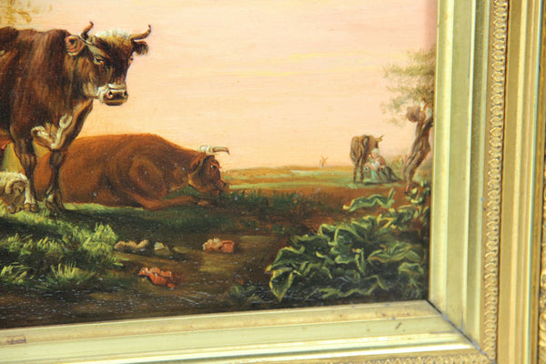 German school 1900s Oil panel painting cows in the field farm
