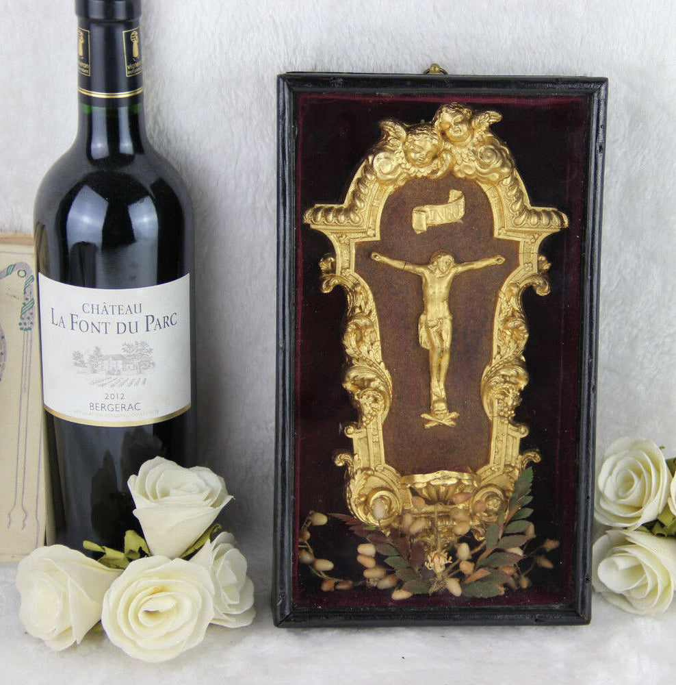 Antique french Napoleon III Crucifix holy font framed glass religious relic