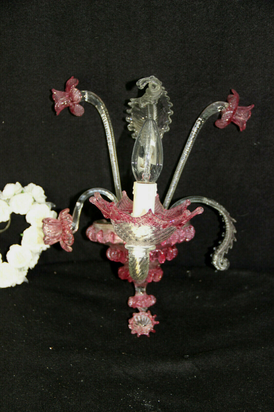 Vintage 1970 MURANO hand blown pink clear glass sconce wall light no2