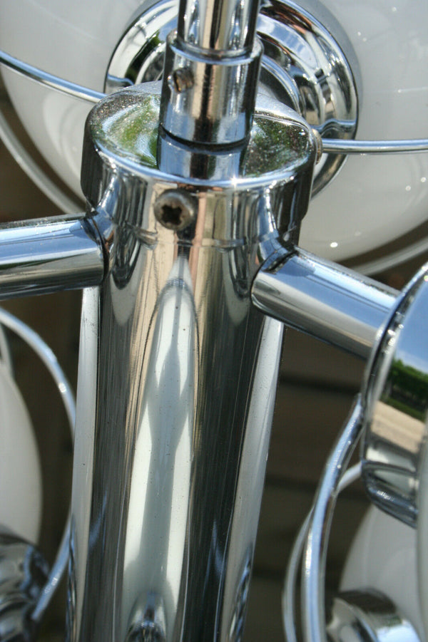 Retro Mid-century Chrome 7 opaline glass globes sputnik atomic chandelier 70's