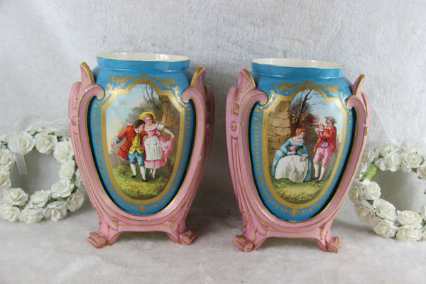 Pair antique French sevres porcelain vases romantic decor marked 19thc