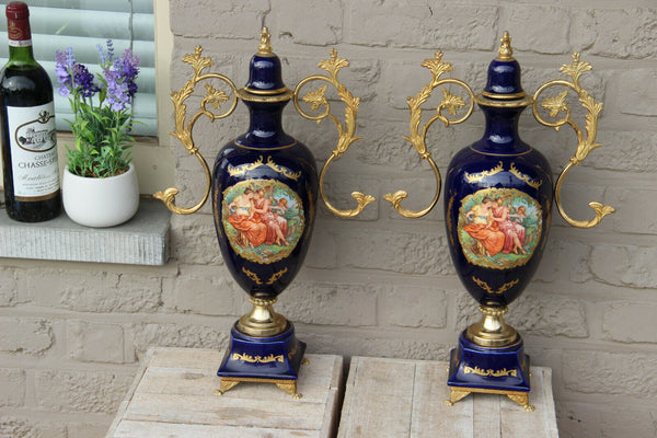 PAIR french vintage cobalt blue limoges porcelain victorian scene vases 1960