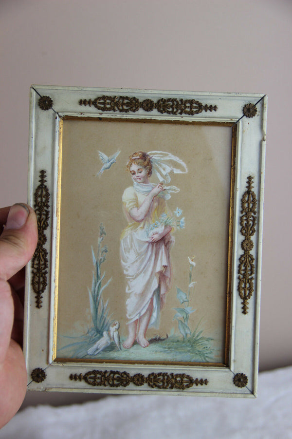 Gorgeous antique 19thc Napoleon III Drawing coloured Lady with birds Gorgeous
