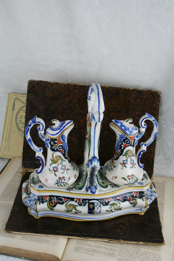 Antique French Faience Oil & vinegar kitchen set polychrome stand
