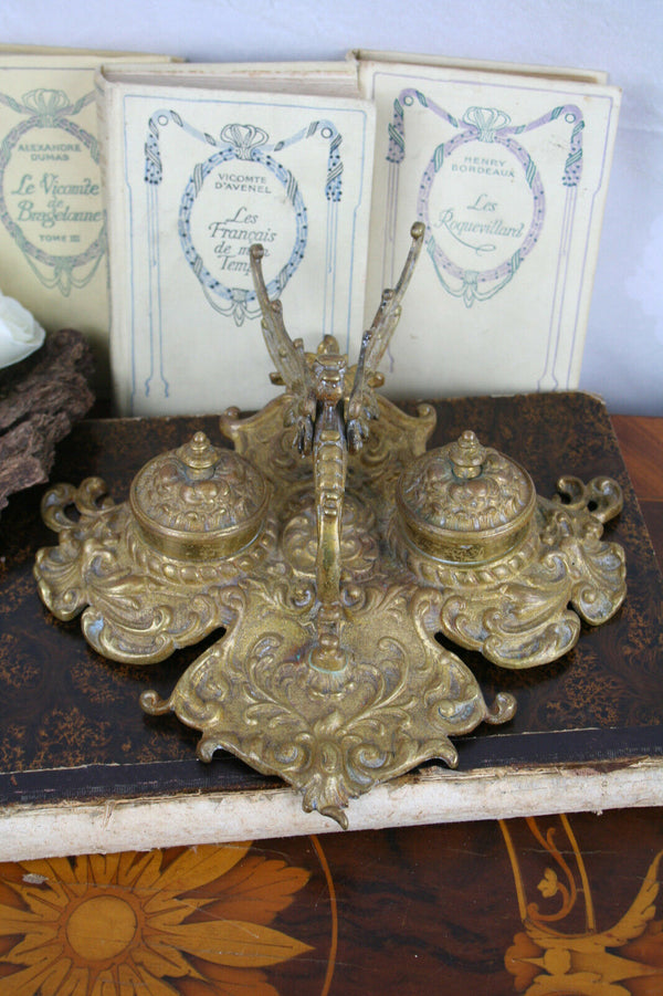 Exclusive gothic Dragon chimaera 1900 French Art nouveau inkwell Devil satyr