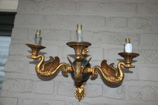 Majestical pair French bronze swan empire animal 3 arm wall sconces lights rare
