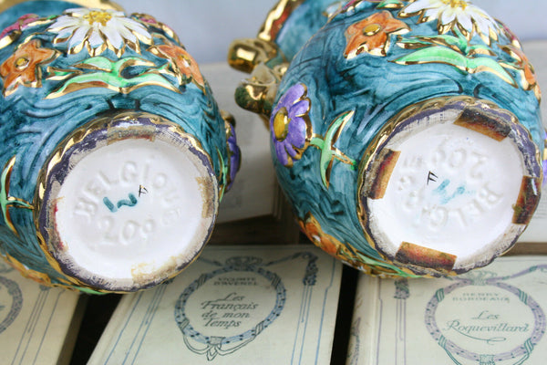 PAIR Flemish art nouveau pottery Ceramic vases marked 1900 Multi coloured