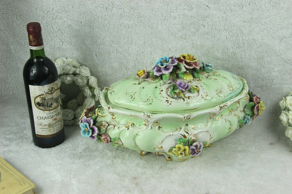 Huge italian Majolica centerpiece lidded bowl relief flowers