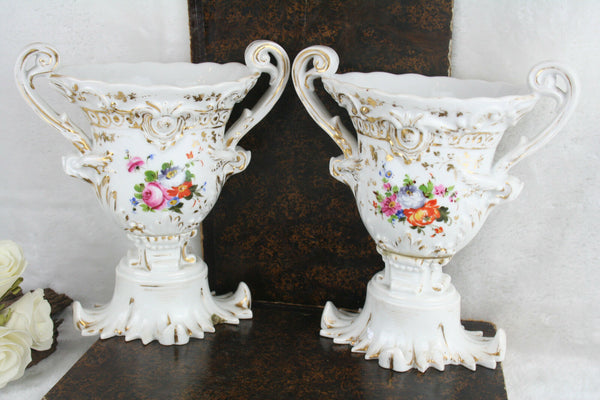 Antique French pair vieux paris old porcelain floral vases 1900 marked