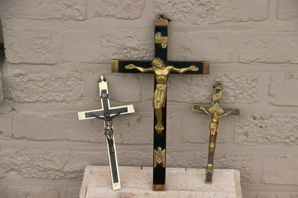 Set 3 antique french religious metal wood crucifix