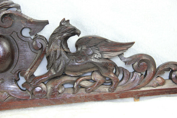 Antique large French pediment fronton wood carved gothic phenix dragon birds