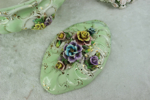 Huge italian Majolica centerpiece lidded bowl relief flowers