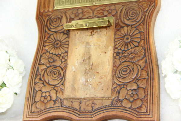 Old Flemish art deco Wood carved wall calendar holder with text plaque