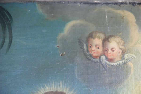 Antique Religious oil canvas painting jesus child joseph angels putti