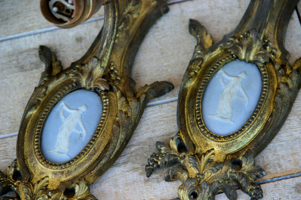 PAIR antique french bronze wegdwood porcelain plaque sconces wall lights