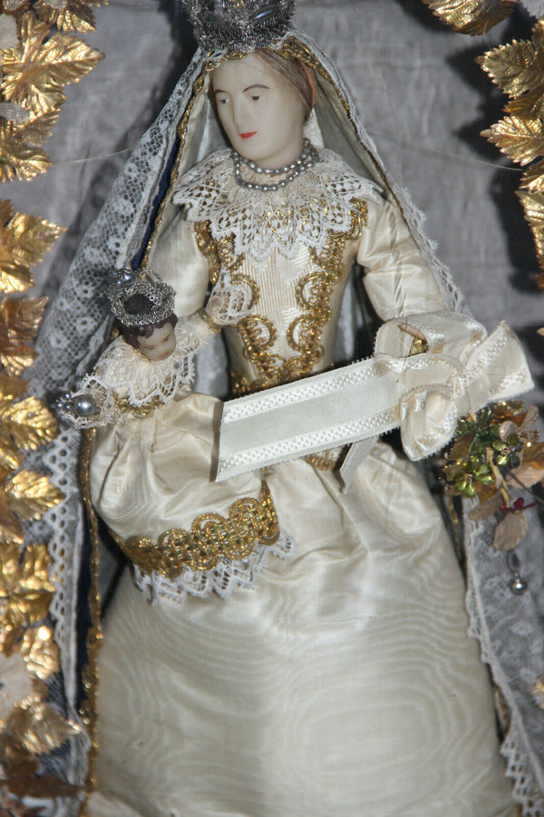 Antique French Wax madonna statue vieux paris porcelain vase globe dome rare