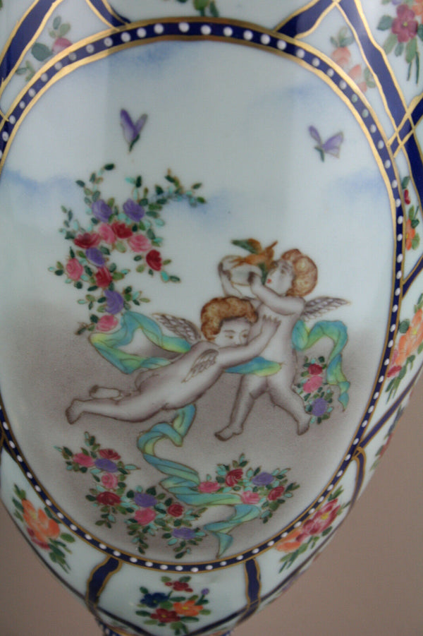 PAIR French porcelain Vases Romantic putti angels scene floral decor marked 50'