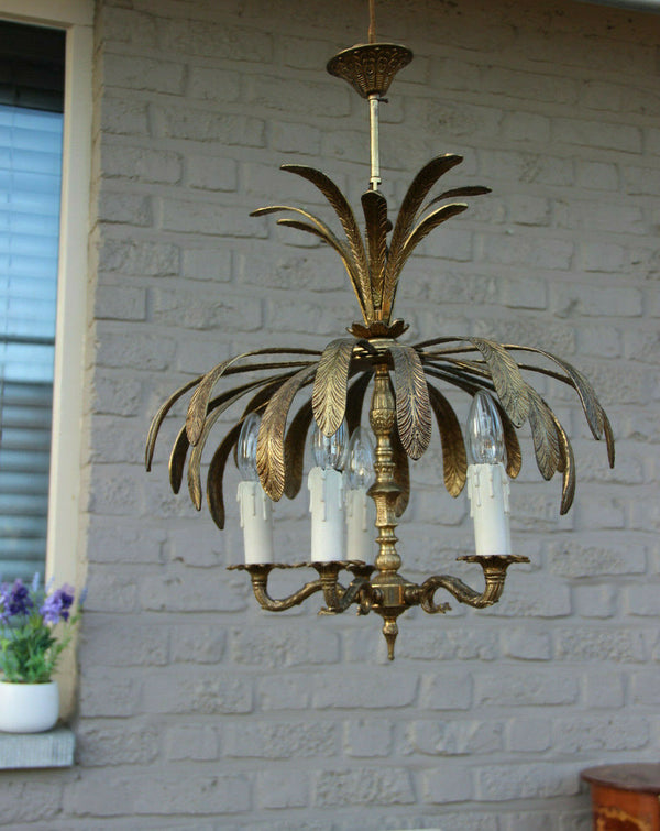 French Vintage 1970 Palm tree metal brass Chandelier 5 arms attr. maison jansen