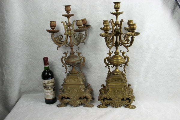 Antique PAIR Huge Bronze dragon gothic Candle holder candelabras lion paws