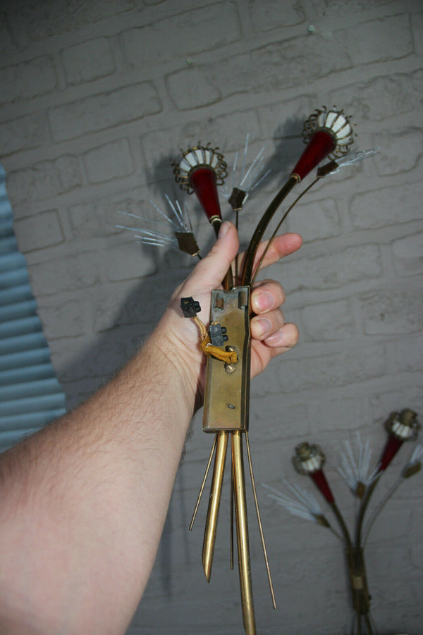 PAIR French mid century Wall lights sconces maison Lunel Red brass