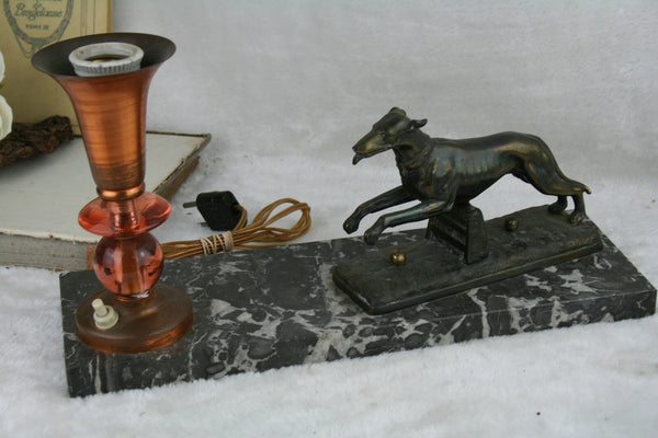 ART DECO 1930 greyhound whippet bronze patina copper lamp marble base