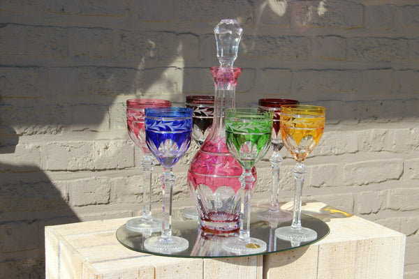 Vintage Bohemia Czech Crystal glass decanter glasses Set 1950