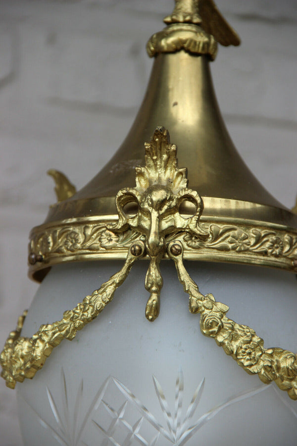 Antique French hall lantern chandelier Eagle ram heads crystal glass shade