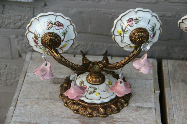 PAIR vintage French porcelain faience Wall lights sconces rose flowers