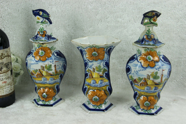 Set 3 Antique Delft polychrome pottery vases set farm landscape dutch decor mark