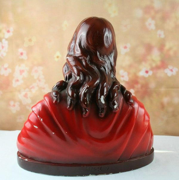 color Antique Jesus Christ Sacred Heart old Chalkware plaster statue colors