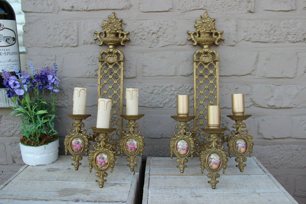 PAIR vintage French brass Wall lights sconces porcelain victorian plaques