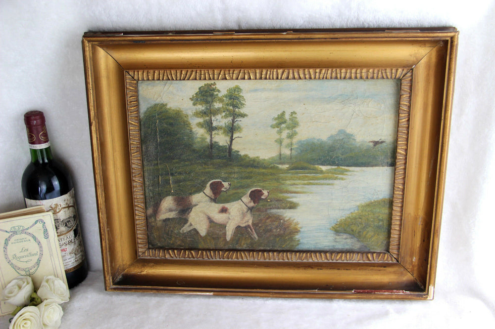 Flemish school oil canvas painting hunting dogs bird scene attr. Schouten