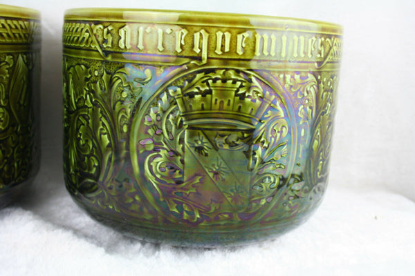 PAIR French Sarreguemis mark barbotine pottery planter with escutcheons