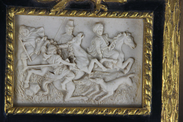 PAIR french vtg Wall mirror wood frame resin cast marble scenes knights 1960s