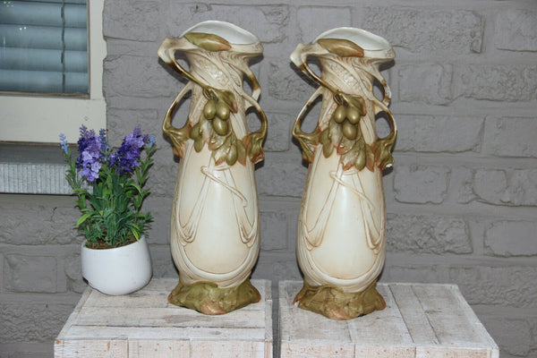 PAIR Art nouveau Royal dux bohemia porcelain enamel fruit vases marked