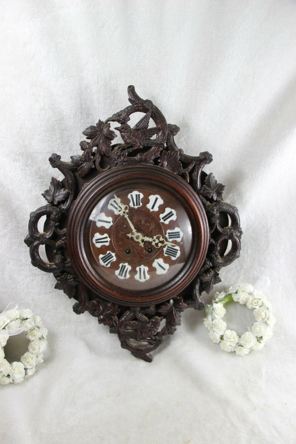Antique XIX German black forest Wood carved Birds hunting wall clock