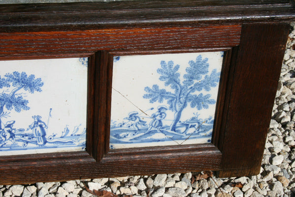 XXL unusual Antique 19thc Blue white DELFT pottery tiles Wood oak planter