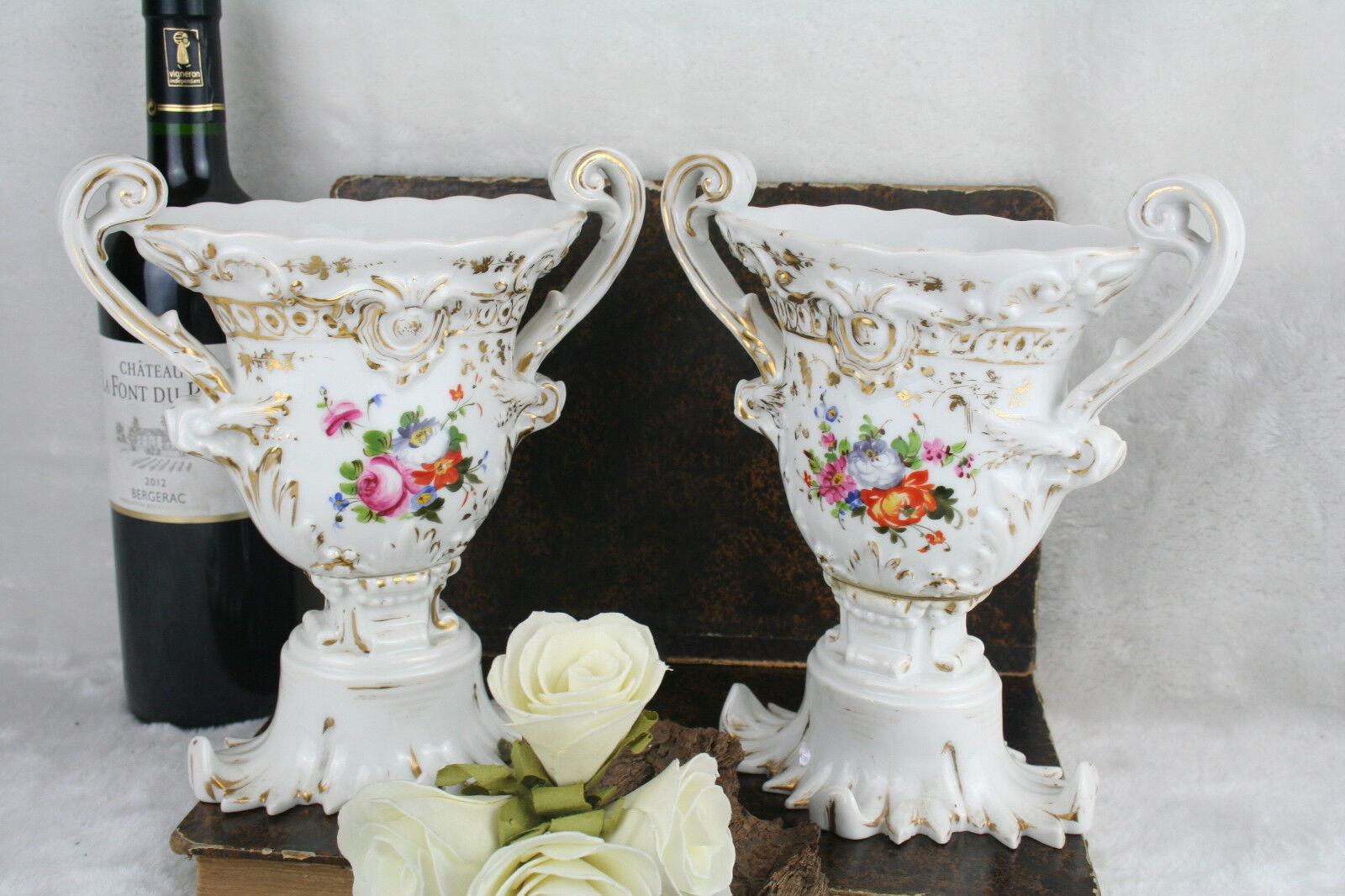 Antique French pair vieux paris old porcelain floral vases 1900 marked