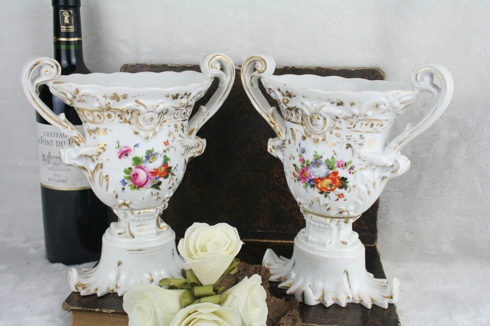 Antique French pair vieux paris old porcelain floral vases 1900 marked