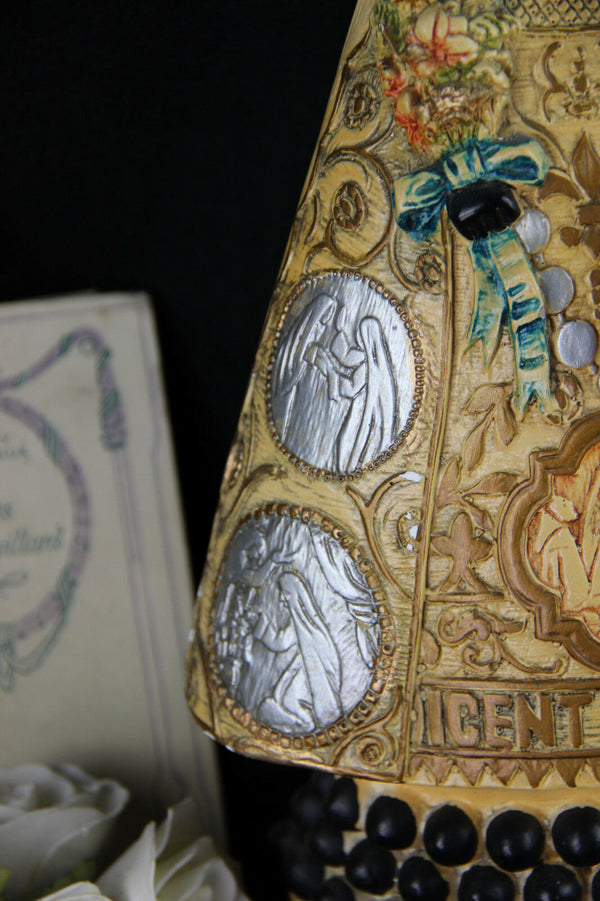 Antique chalkware polychrome Notre dame de HALLE marked black madonna figurine