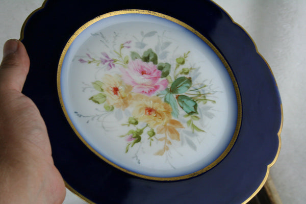 Vintage French 1960 hand paint porcelain floral plate cobalt blue