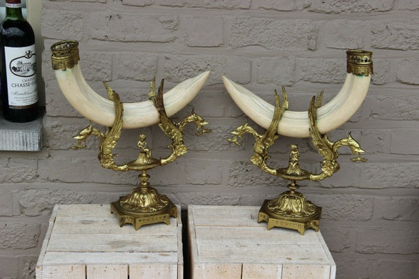 RARE pair Bronze antique Cornucopia horn dragon gothic castle putti statue