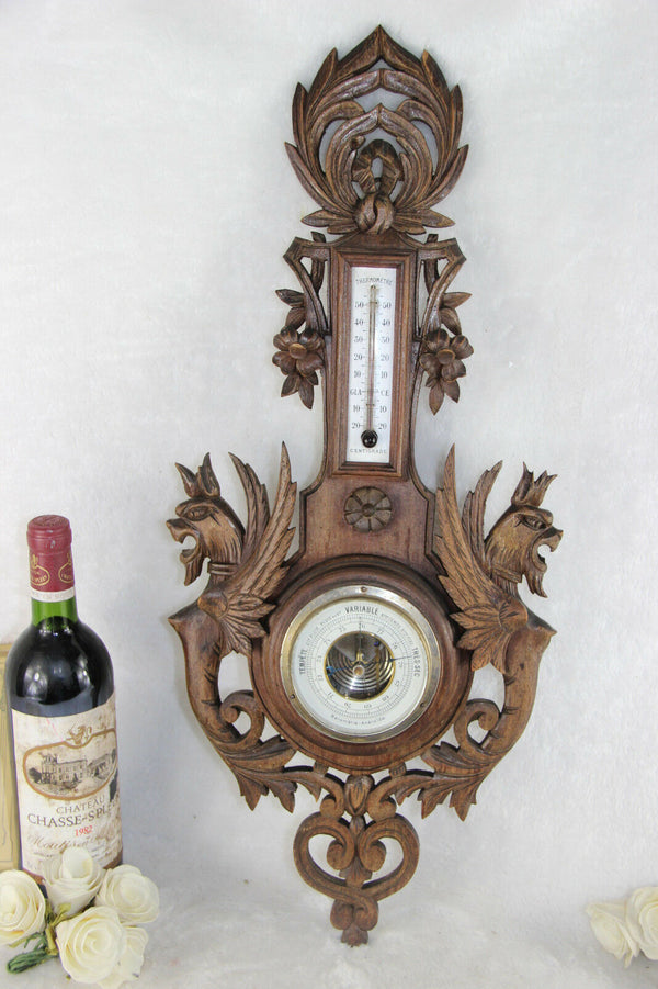 Antique wood carved black forest cut Dragon gothic barometer Figurines