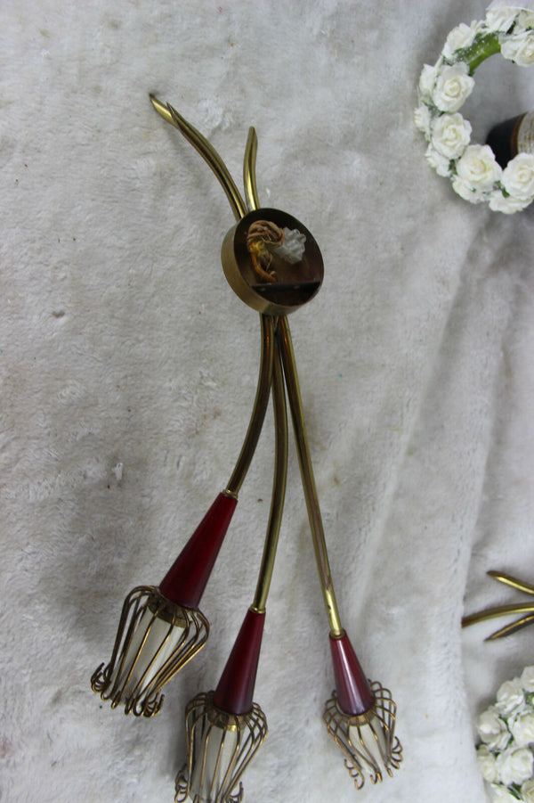 PAIR mid century MAISON LUNEL Wall lights sconces 1970 brass bakelite red retro